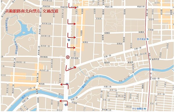 明天起鼓山區美術館路與中華一路口禁止左轉,交維管制至5月3日,民眾須改道。圖/捷運工程局提供