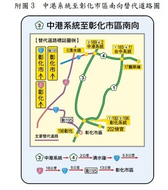 中港系統至彰化市區南向替代道路圖。圖／交通局提供