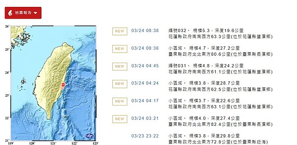 24日截至上午9點已發生6起地震。圖／氣象局