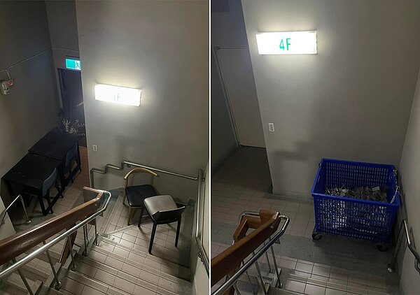 網友在逃生時發現飯店樓梯間堆滿雜物。 圖/翻攝自爆料公社二社