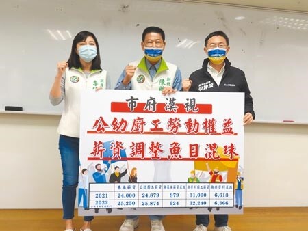 
新北2022.03.29新北市議會民進黨團要求，公立幼兒園廚工的薪資，要與非營利幼兒園廚工同工同酬。（葉德正攝）
