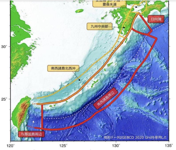 日本地震調查委員會25日公布周邊海域地震潛勢圖，除了日本本島周邊外，包含西南海域及台灣東部海域也都納入統計。圖／取自日本地震調查委員會