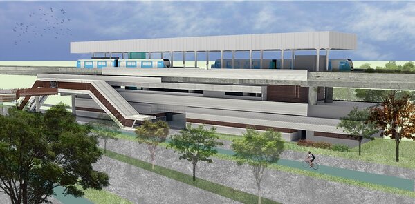 鶯歌車站的「通廊空橋」預計年8月完工啟用，屆時台鐵鶯歌火車站步行至新北市美術館僅需600公尺。圖／新北市政府提供