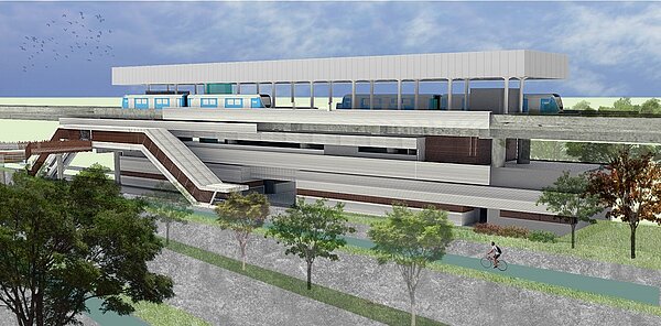 鶯歌車站的「通廊空橋」預計年8月完工啟用,屆時台鐵鶯歌火車站步行至新北市美術館僅需600公尺。圖/新北市政府提供
