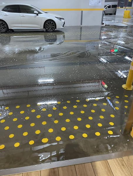 議員陳怡君接獲民倫社宅住戶陳情，上午8點30分，但明倫社宅地下停車場B1、B2卻都在大淹水，停車場多處成為小水灘。圖／陳怡君提供