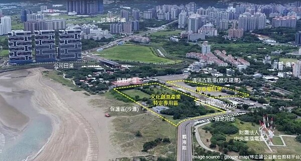 沙崙地區現在規劃文創園區進駐,未來除大樓外,也有停車場、教育會館暨會議中心、展演空間等,提供文創展覽及休閒用途,總計兩塊基地、3.68公頃。圖/新北經發局提供