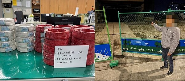 警方從何姓男子(圖右)車上共查扣36捆市價電纜線(圖左),市價約36萬元,全案依竊盜罪移送士林地方檢察署偵辦。圖/潭美派出所提供