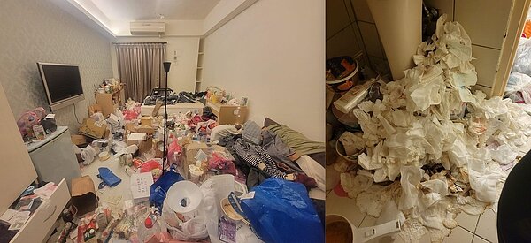 屋內堆滿垃圾，廁所也有衛生棉山。圖／擷取自《爆料公社》