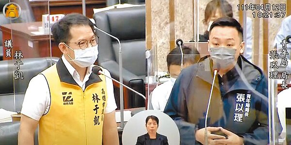高市議員林于凱(左)12日指出,高市青年創業補助計畫採先搶先贏,恐助長「創業黃牛」氾濫。青年局長張以理(右)駁斥,收件並非核准,仍會實質審查。(擷取自高市議會網站/柯宗緯高雄傳真)