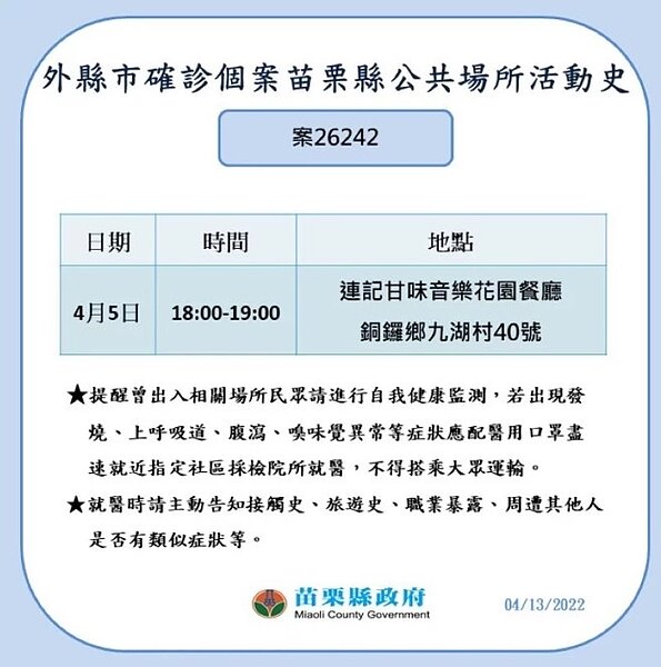苗栗縣政府公布相關足跡。圖／苗栗縣政府提供
