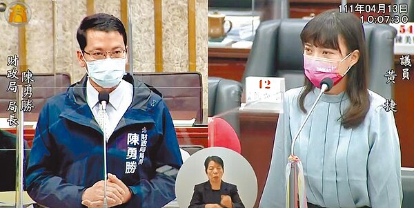 高市議員黃捷（右）13日質詢時提到，娛樂稅已不符合時宜，高市財政局長陳勇勝（左）允諾將檢討。（擷取自高市議會網站／柯宗緯高雄傳真）