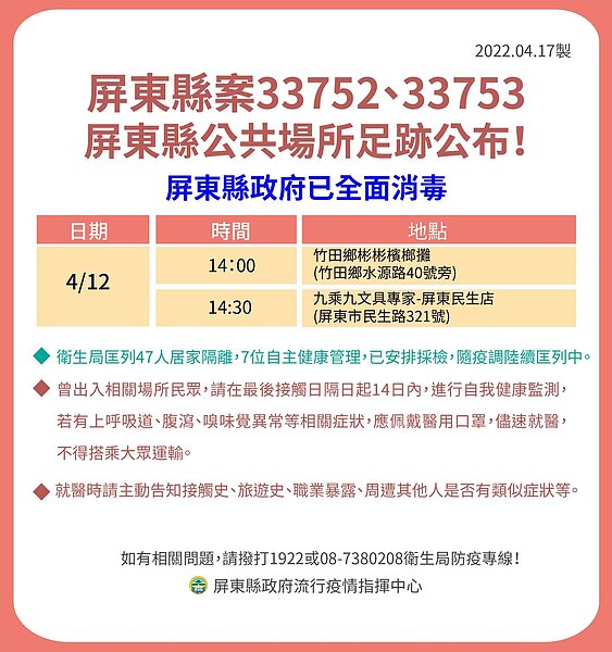 屏東縣府公布確診者足跡。圖／屏東縣府提供