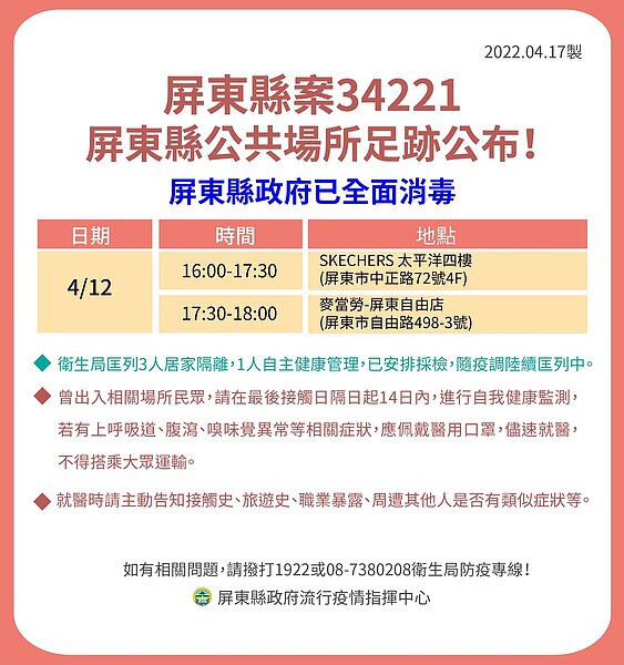 屏東縣府今公布確診者足跡。圖／屏東縣府提供