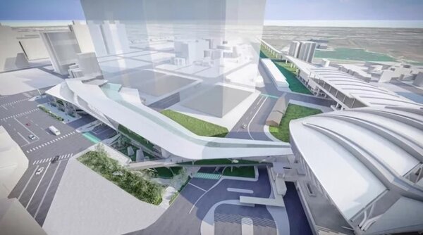 台中轉運中心3D模擬圖，未來地下3層是停車場，一樓是綠地和轉運層、二樓有連通道至台中火車站。圖／台中市交通局提供