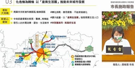 嘉義市長黃敏惠19日到議會做施政報告,提出扮演「產業生活圈」構想。(廖素慧攝)