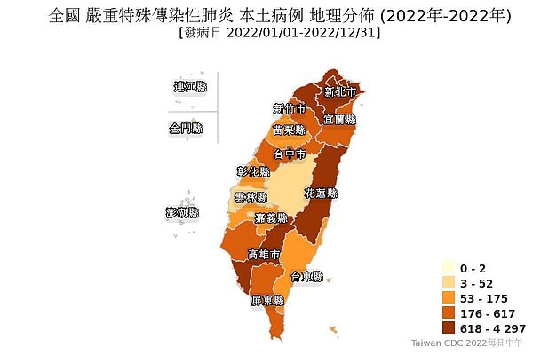 根據2022年全國嚴重特殊傳染性肺炎本土病例地理分布,國內無論本島、離島都有本土確診病例。圖/取自「傳染病統計資料查詢系統」