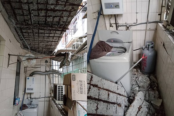 新北市新莊區一棟舊公寓4樓,後陽台天花板崩落,嚇壞住戶向警消求援。圖/記者曾伯愷翻攝