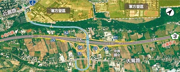 國道3號增設大鶯豐德交流道,昨天確定採「雙苜蓿葉型」設計。示意圖/桃園市政府提供