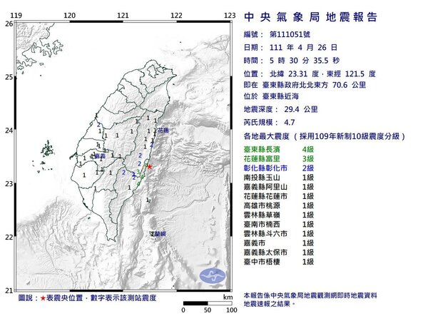 台東26日清晨05:30發生規模4.7地震。圖／中央氣象局