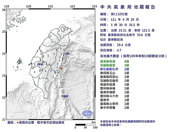 台東26日清晨05:30發生規模4.7地震。圖／中央氣象局