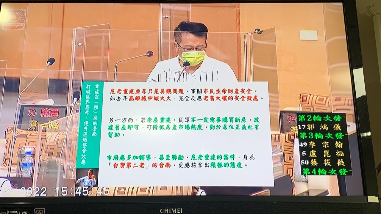 台南市議員蔡旺詮在議會質詢危老建築。記者吳淑玲/攝影