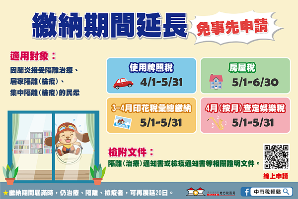 接受治療、隔離或檢疫者免擔心,中市延長地方稅繳納期限。圖/台中市政府提供