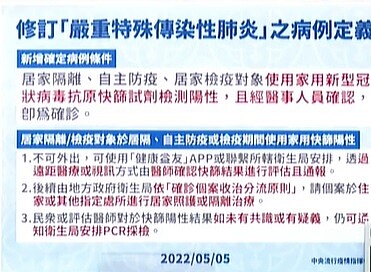 修訂「嚴重特殊傳染性肺炎」之病例定義，居家隔離、自主防疫、居家檢疫對象使用家用新型冠狀病毒抗原快篩試劑檢測陽性，且經醫事人員確認，即為確診。圖／疾管署直播