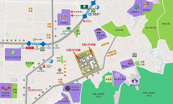 廣慈博愛園區社會住宅D基地、E基地店舖生活機能圖。圖/北市政府都市發展局提供