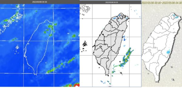 6日晨4時30分紅外線色調強化雲圖顯示，台灣上空雲層稀少（左圖）；雷達回波合成圖顯示，東側海面上有零星的降水回波（中圖）；累積雨量顯示，東半部及北海岸局部零星降雨（右圖）。圖／擷取自「三立準氣象．老大洩天機」專欄