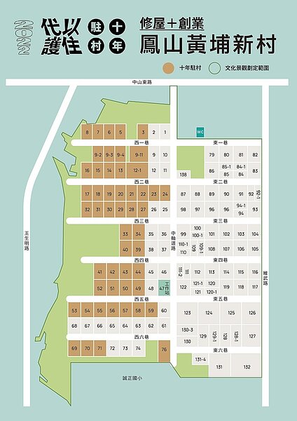 高市鳳山黃埔新 、左營建業新村將加大「以住代護」申請戶數,預計釋出黃埔新村西側51戶、左營建業緯9路與緯10路間的43戶,入駐期限長達10年,前5年免租金。圖/高市文化局提供