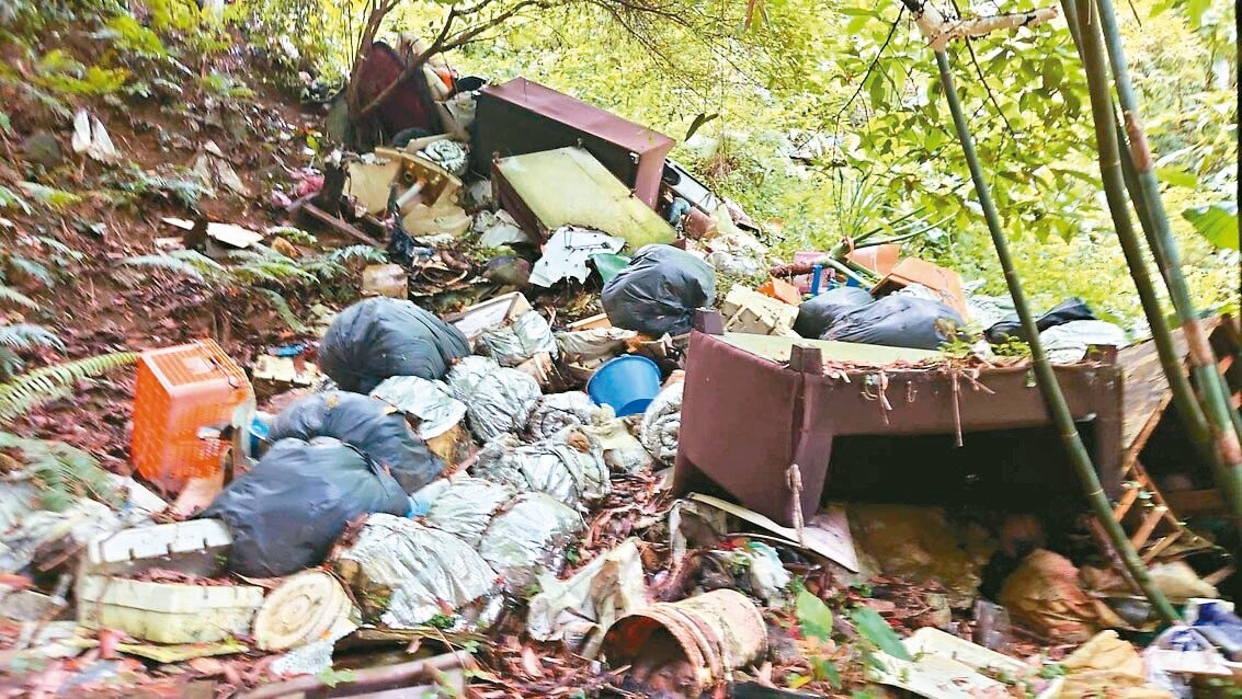 關西鎮東安里農路沿線遭不明人士傾倒大量廢棄物，現場髒亂散發惡臭。記者巫鴻瑋／翻攝