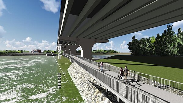 新竹縣政府在西濱公路下方,規劃新建專屬自行車及行人、跨越福興溪連接新豐到新屋的全新景觀橋樑。圖/新竹縣政府提供