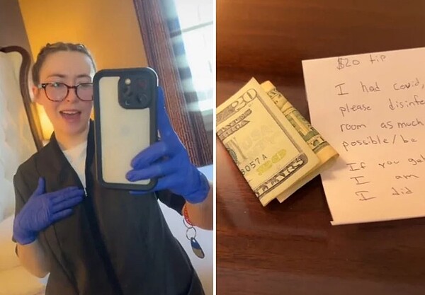 一名飯店住客退房時留下20美元小費及一張紙條,房務清潔員看後覺得十分傻眼。圖/擷自《TikTok》
