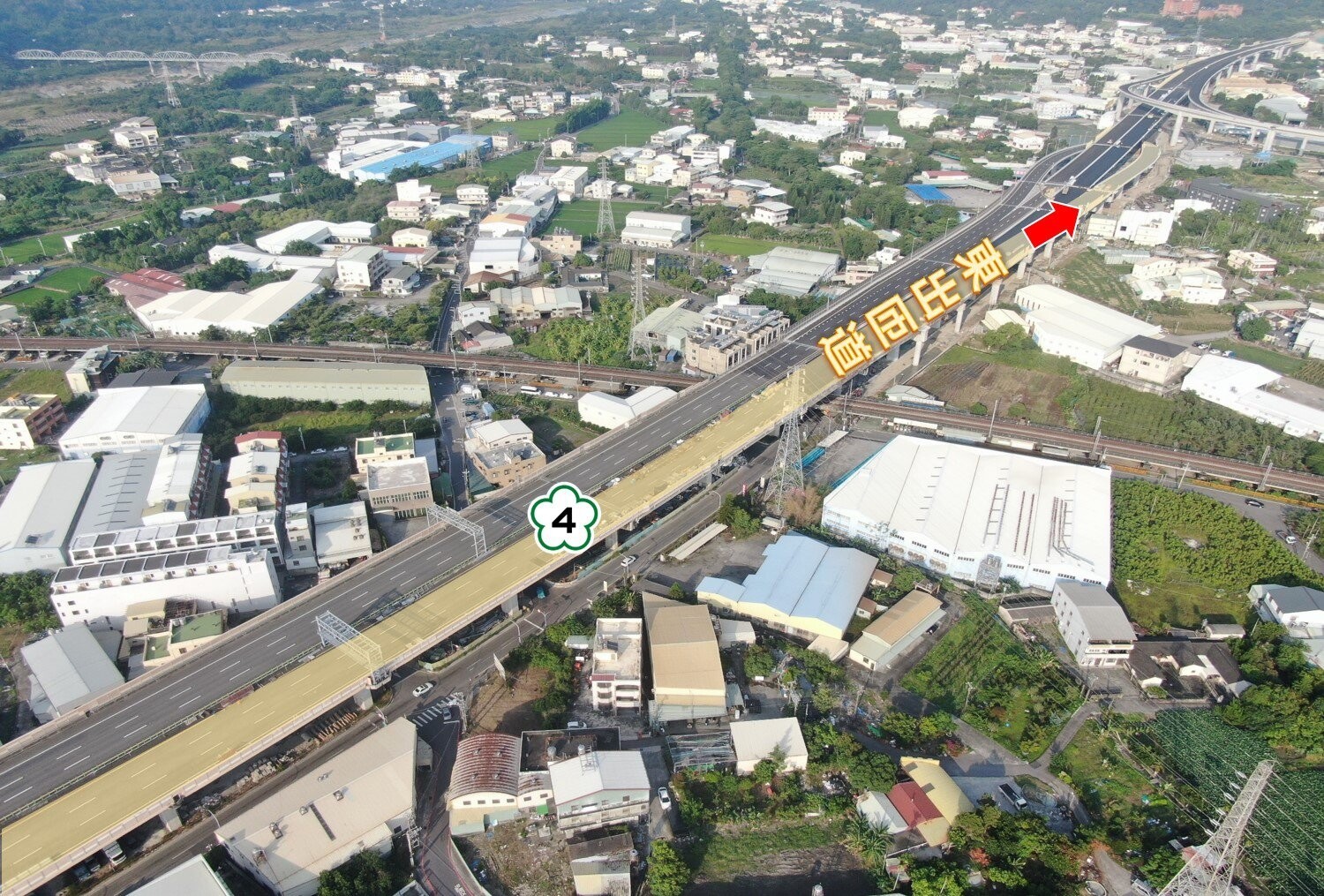 國道4號豐勢交流道東行出口匝道已於20日完成通車勘驗,預計於30日上午11時提前開放通車,圖為空拍示意圖。圖/高公局提供