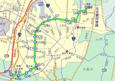 台中捷運綠線示意圖(擷取自台北市政府捷運工程局)