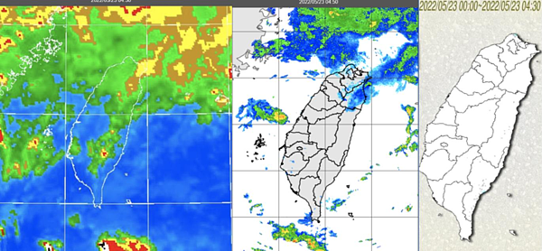 今晨4時30分紅外線色調強化雲圖顯示，北部有零散的雲層（左圖）；4時50分時雷達回波合成圖顯示，降水回波微弱（中圖）；4時30分累積雨量圖顯示，北海岸、東半部有局部零星飄雨（右圖）。圖／擷取自「三立準氣象· 老大洩天機」