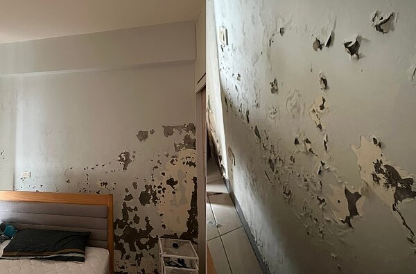 網友入住半年後才發現牆壁有大片的壁癌,令她相當傻眼。組圖/截自臉書社團「爆怨2公社」