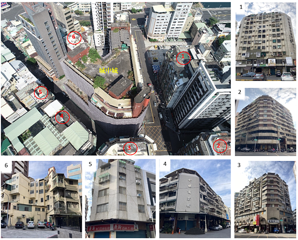 面臨城中城大樓第一排6幢老舊建物。示意圖／都市發展處提供	