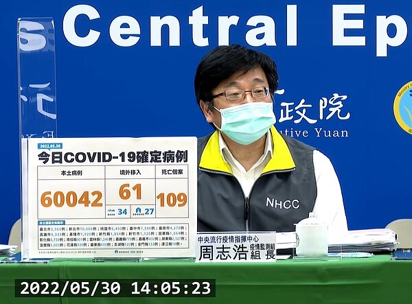 國內於5月30日新增60,042例本土個案、61例境外移入及109例死亡。圖/截自疾管署直播