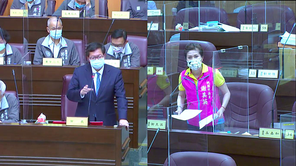 桃園市議員謝美英在市議會總質詢關心中壢地區積水,反應民眾笑說領航北路是「領航水路」、「雨天行車,就像開水上碰碰車」等語錄。圖/記者賴佩璇翻攝。