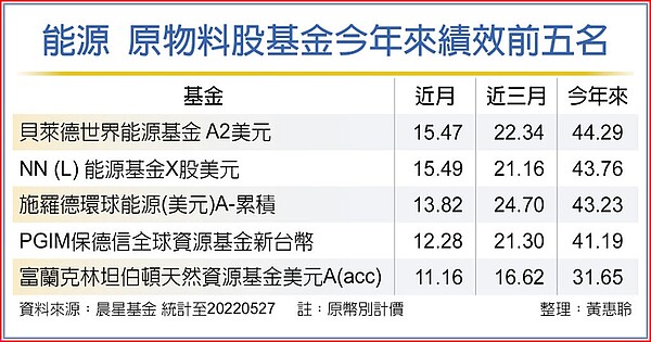 能源、原物料股基金今年來績效前五名