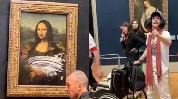 一名喬裝成行動不便婦人的男子(右圖白衣者)疑似周末以蛋糕襲擊世界名畫「蒙娜麗莎的微笑」,並稱藝術家應該多關注地球。圖左為該幅畫的防彈玻璃上沾滿蛋糕奶油。圖/擷取自推特