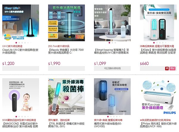 市售有不少紫外線殺菌燈，不過消保處抽查卻發現產品有光化學UV危害。示意圖，與本新聞無關／擷取自購物網站