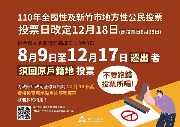 12／18公投， 8／9後戶籍異動者須回原戶籍地投票。圖／新竹市民政處提供