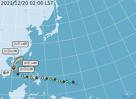 根據中央氣象局「路徑潛勢預測圖」顯示，中颱「雷伊」正在大迴轉並快速減弱，明(21)日將減弱為熱帶低壓，無侵台機率。圖／截自中央氣象局