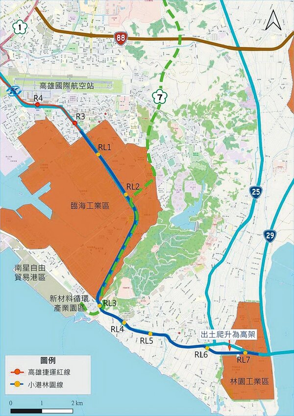 高捷小港林園線總長約12.43公里，未來將設置7座車站。（高市府捷運局提供／石秀華高雄傳真）