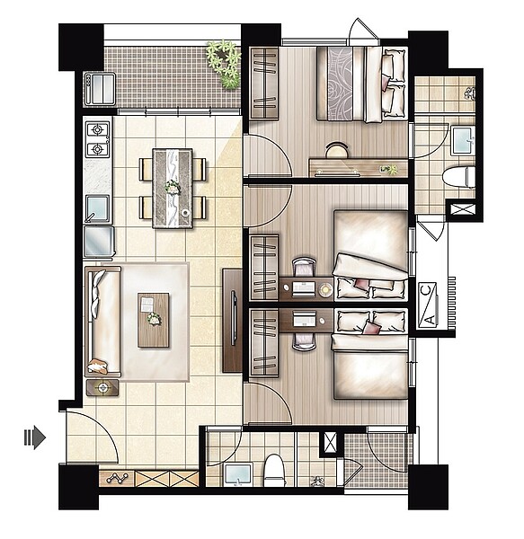 D戶30坪3房格局圖。圖/大賞建設提供