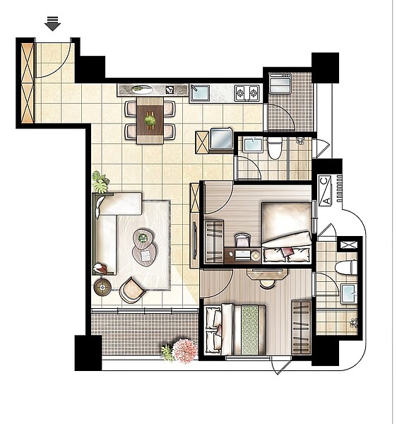 B戶29坪2房格局圖。圖/大賞建設提供