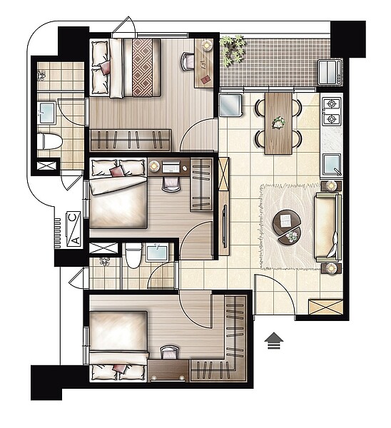 C戶27坪3房格局圖。圖/大賞建設提供