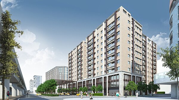 捷運圓山站西側公辦都更案 -「圓山綠水」新天地,2025年完工後將成為具備數位藝術、休閒觀光與樂活宜居的新型態都更示範宅。圖為3D示意圖。麗寶集團提供